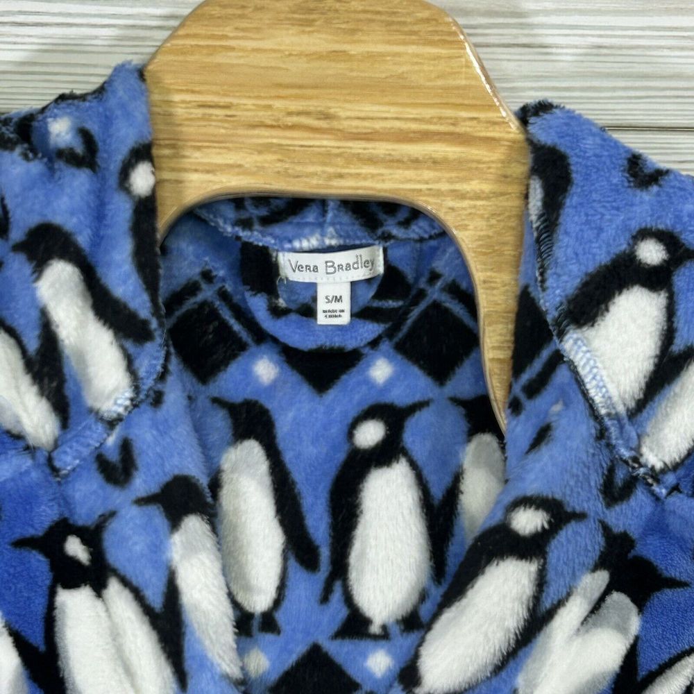 Vera Bradley Women's Fleece Penguins Intarsia Blue Fleece Hooded Robe‎ Sz S/M